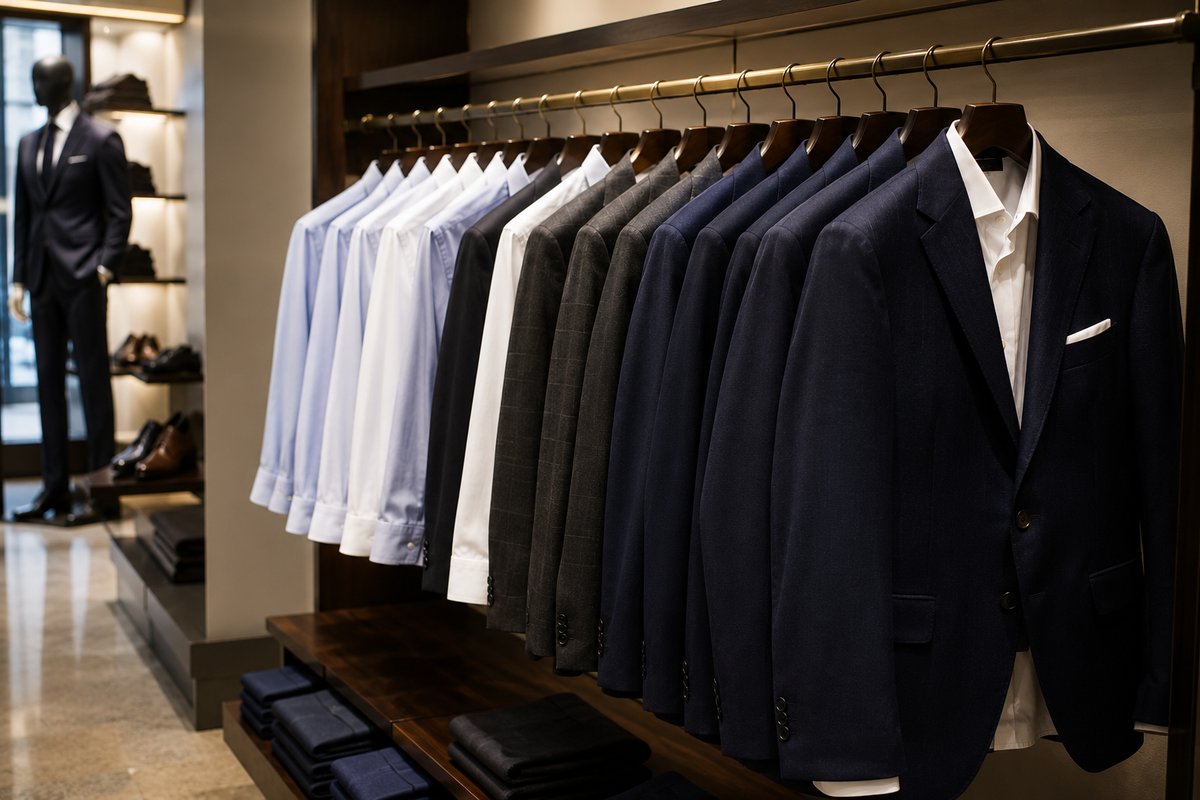 Suits, blazers and formal shirts on display at Raymond Paldi